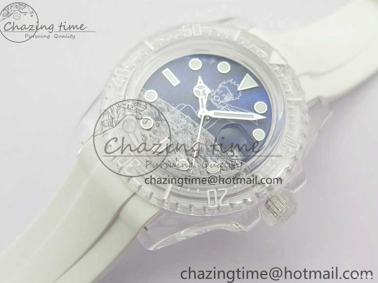 MiroTime 0129 Durable Submariner Phantomlab Transparent KZF Best Edition Blue Moon Dial on White Rubber Strap VR 2564